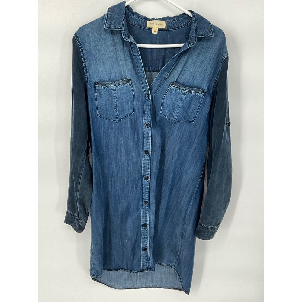 Cloth & Stone Women's Medium Denim Button-Down Shirt Dress Contrasting Sleeves